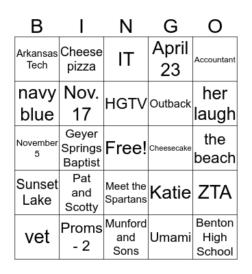 J.C. and Caroline Bingo Card