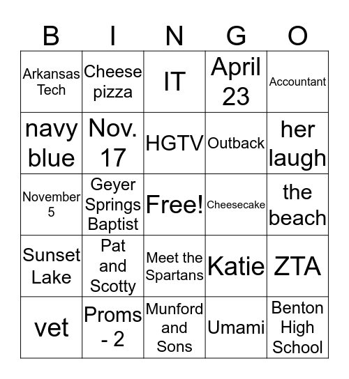 J.C. and Caroline Bingo Card