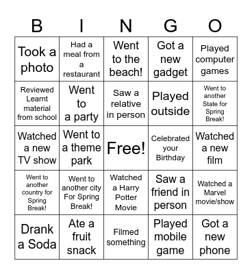Spring Break Bingo Card