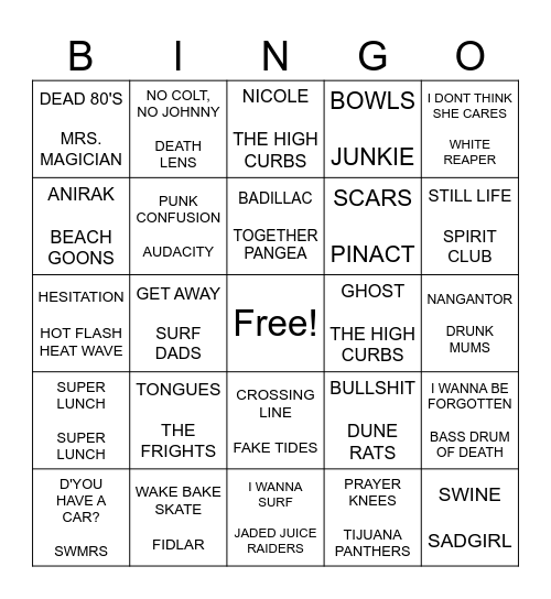 SF PUNK BINGO ROUND 3 Bingo Card