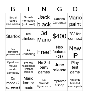 Switch 2 direct Bingo Card
