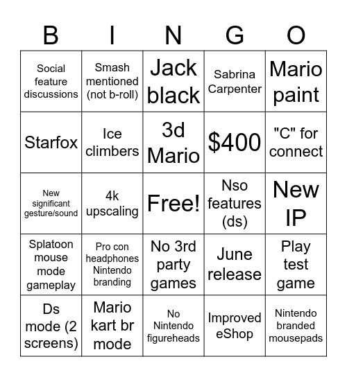 Switch 2 direct Bingo Card