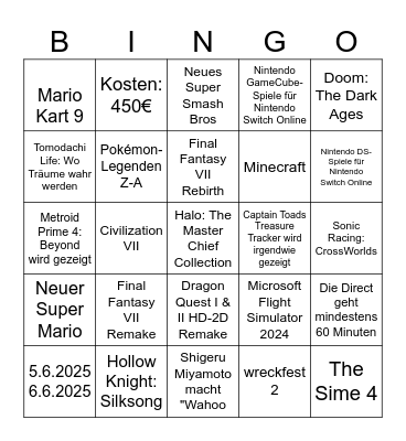 Nintendo Switch 2 Direct Bingo Card