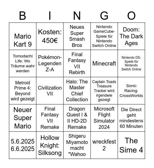 Nintendo Switch 2 Direct Bingo Card