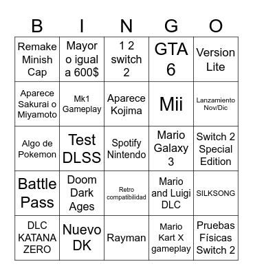 Nintendo Direct Switch 2 Adan's version Bingo Card