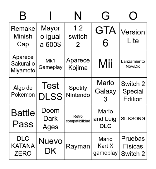 Nintendo Direct Switch 2 Adan's version Bingo Card