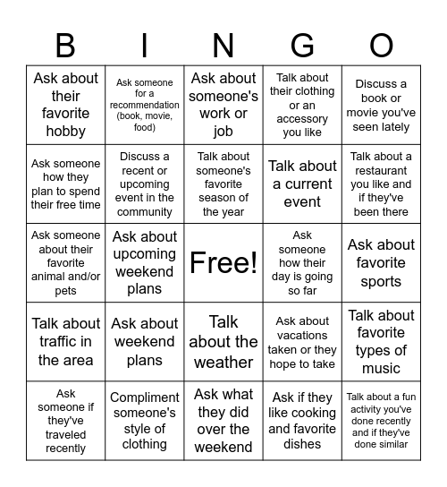 Small talk Bingo Card