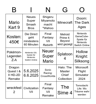 Nintendo Switch 2 Direct Bingo Card