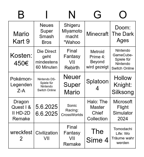 Nintendo Switch 2 Direct Bingo Card