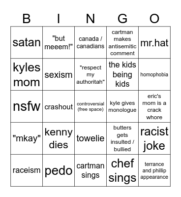 south park bingo Card