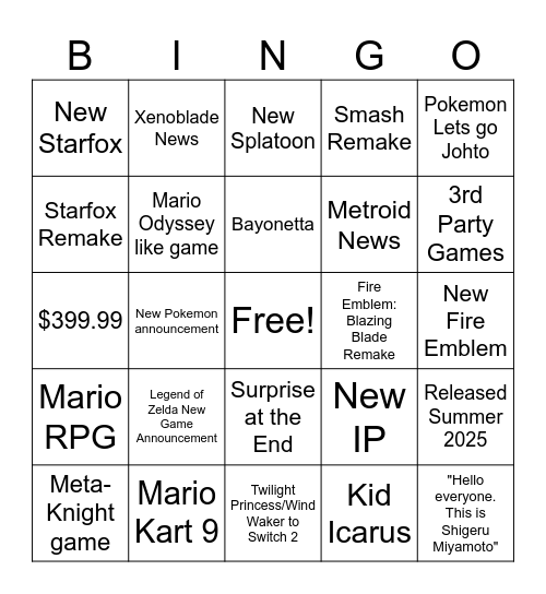 Nintendo Switch 2 Direct Bingo Card