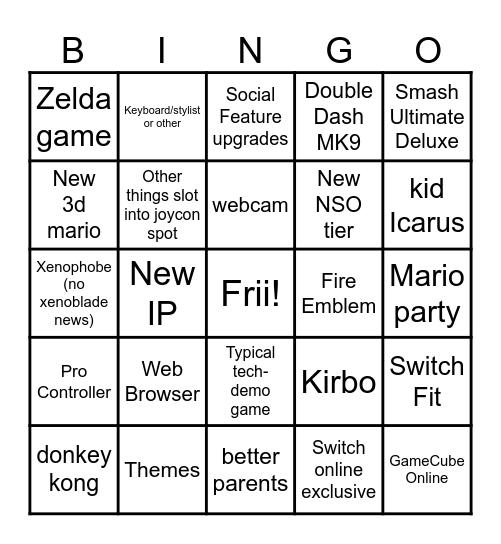 Switch 2 bingo Card