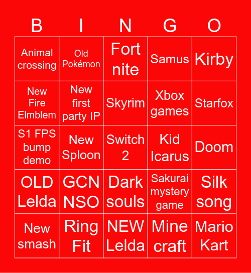 Switch 2 announcement Bingo Card