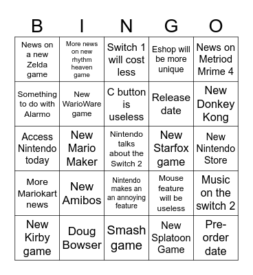 Nintendo Switch 2 Direct Bingo Card Bingo Card