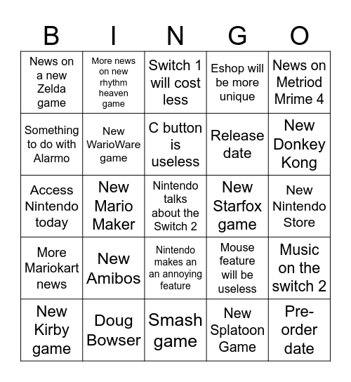 Nintendo Switch 2 Direct Bingo Card Bingo Card