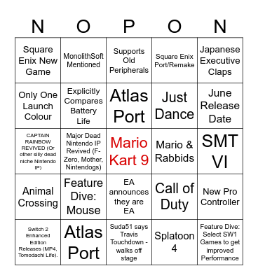 Switch 2 Direct Bingo Card