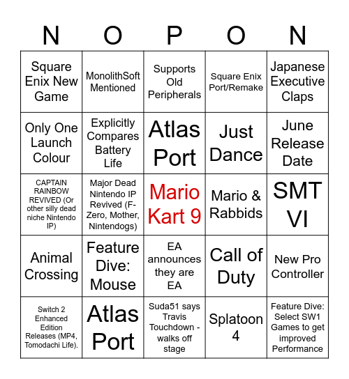 Switch 2 Direct Bingo Card