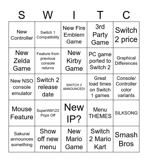 SuperWill123's Switch 2 Direct Bingo Card