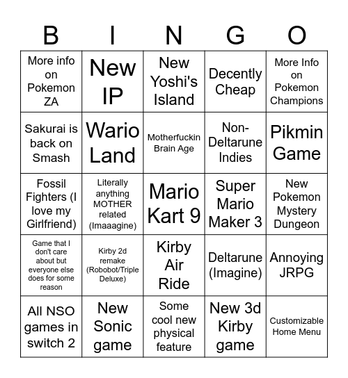 Switch TOO Bingo Card