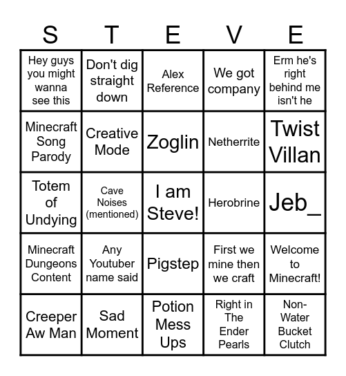 MINECRAFT Bingo Card