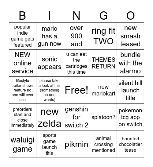 switch 2 nintendy direct Bingo Card