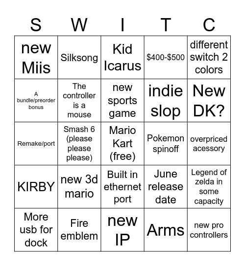 Switch 2 direct Bingo Card