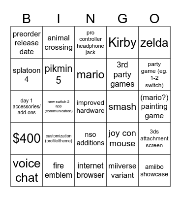 switch 2 Bingo Card