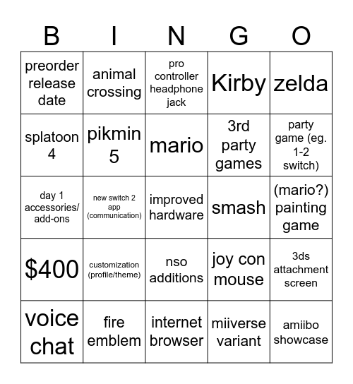 switch 2 Bingo Card