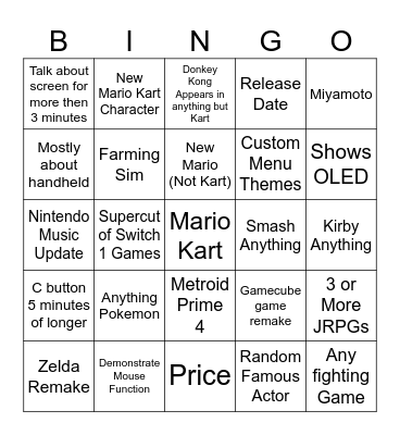 Nintendo Switch 2 Direct Bingo Card