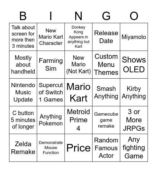 Nintendo Switch 2 Direct Bingo Card