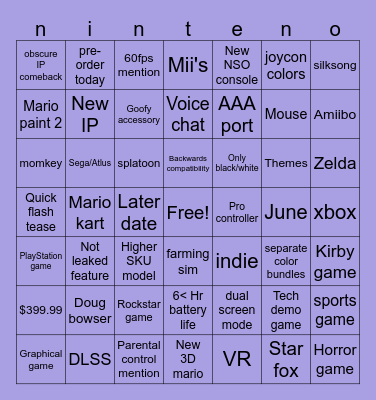 Switch 2 Bingo Card