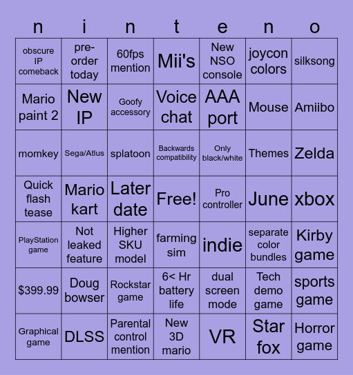Switch 2 Bingo Card