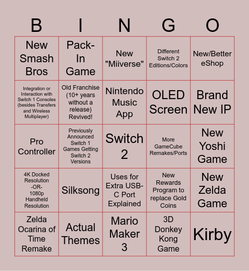 Nintendo Switch 2 April 2nd Direct Bingo Card
