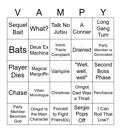 Vampy Nappy Bingo Card