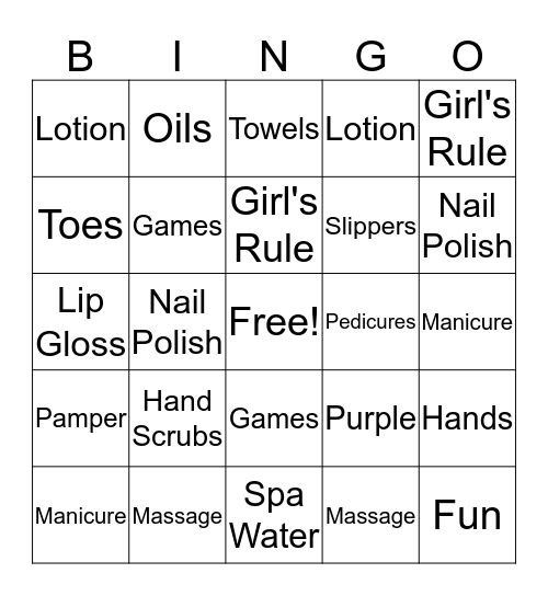 Spa Party Bingo Card