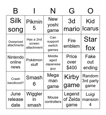 Switch 2 Nintendo direct Bingo Card