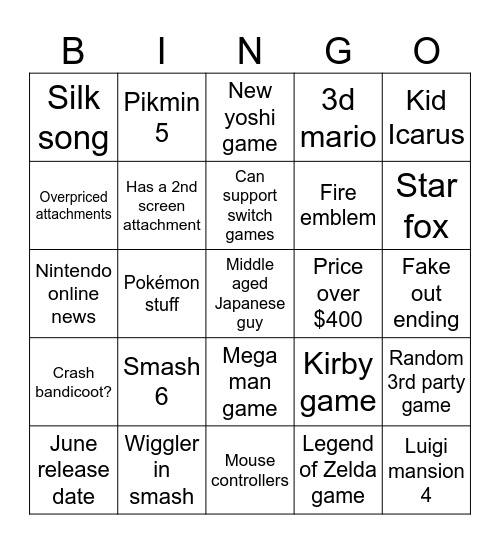 Switch 2 Nintendo direct Bingo Card
