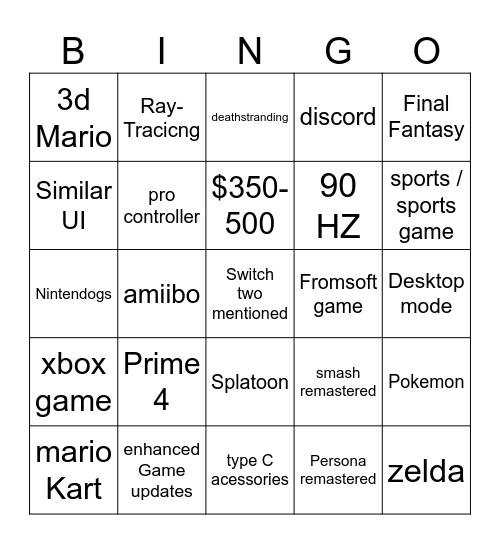 Switch 2 Bingo Card