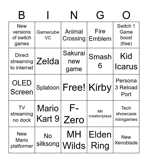 switch 2 bingo Card