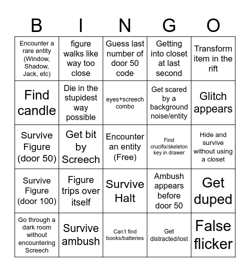 Roblox Doors Bingo Card