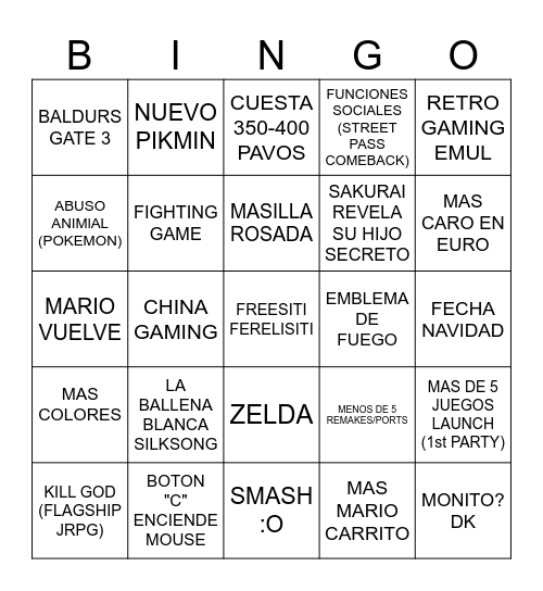 NINTENDO DIRECT Bingo Card