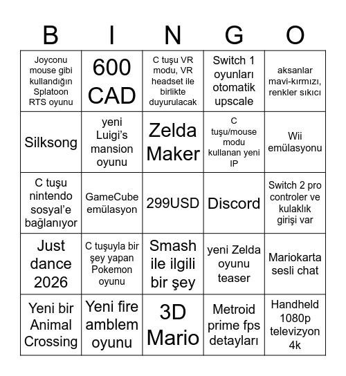 Switch 2 Bingo Card