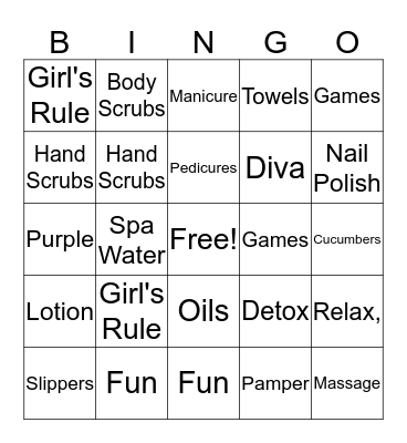 Spa Party Bingo Card