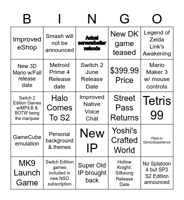 Nintendo Switch Bingo Card
