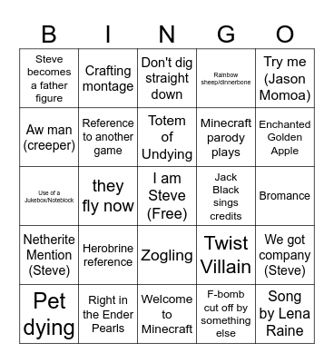 mincraft (peak) Bingo Card