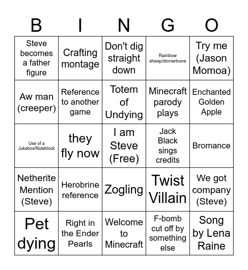mincraft (peak) Bingo Card