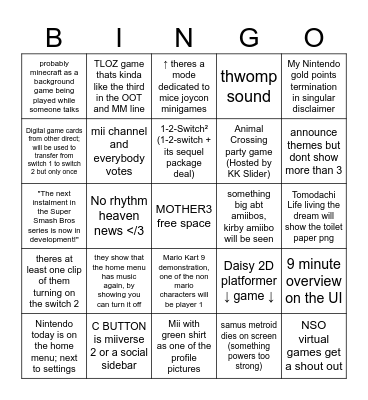 Nintendo Switch 2 direct but super specific Bingo Card