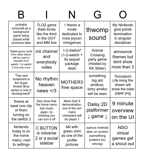 Nintendo Switch 2 direct but super specific Bingo Card