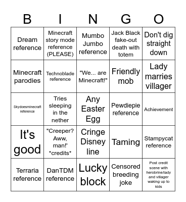 Minecraft Movie Bingo Card