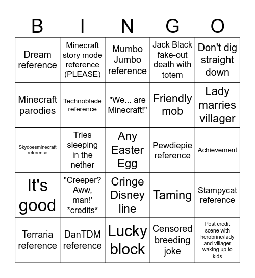 Minecraft Movie Bingo Card